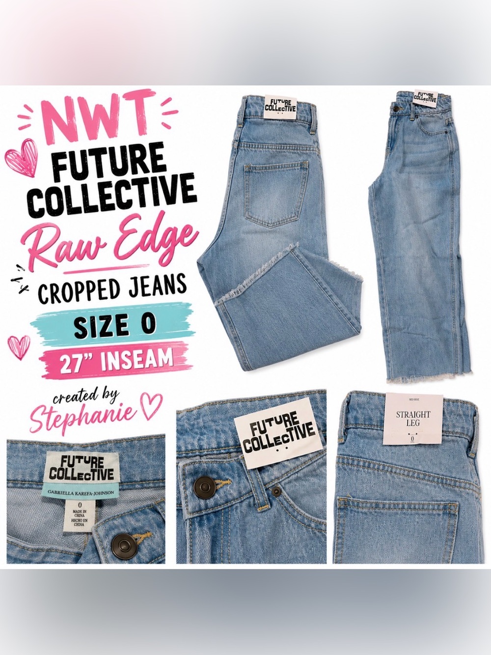 NWT Future Collective Women’s Light Blue Raw Edge Cropped Jeans Sz 0